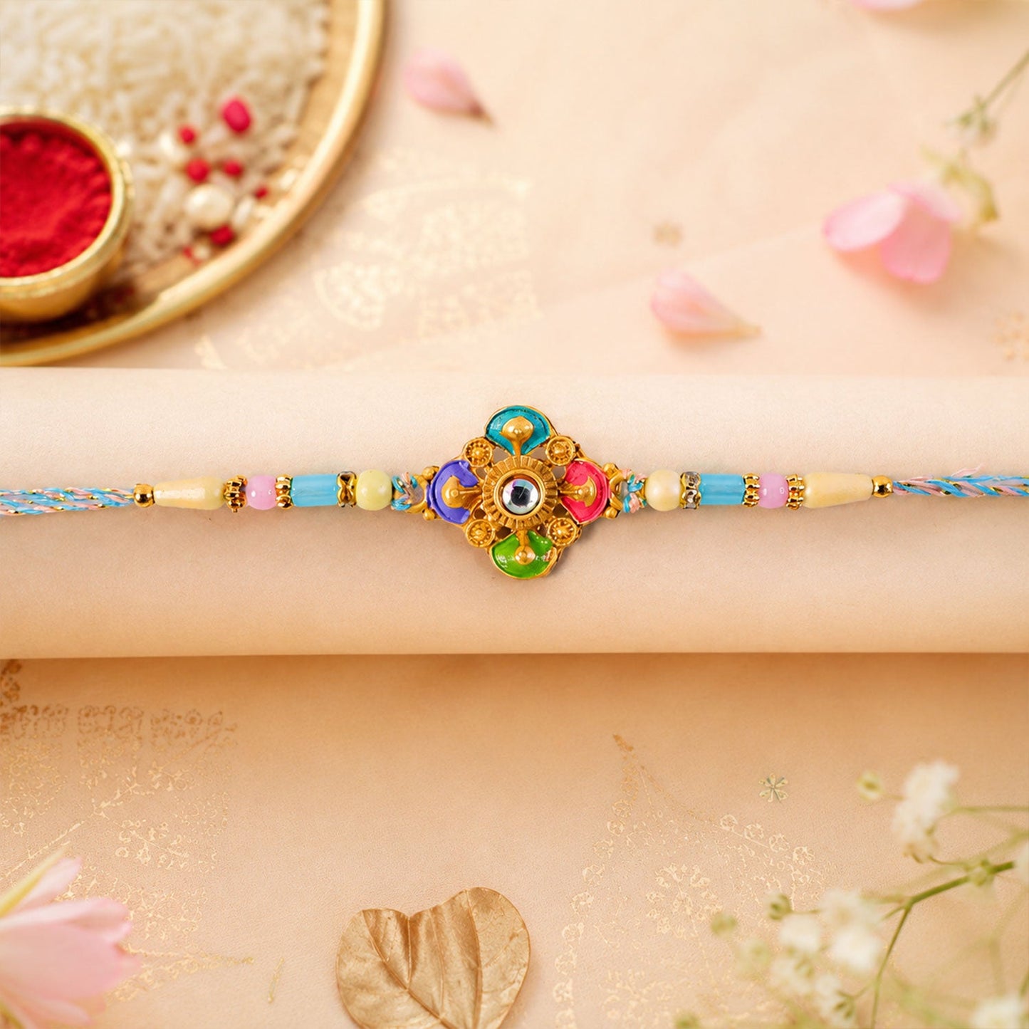 Colourful Meenakari Floral Rakhi with Pastel Beads for Brother