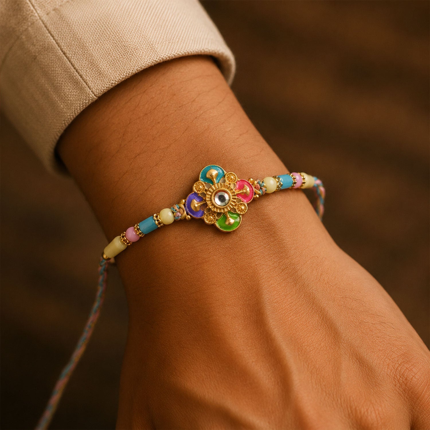 Colourful Meenakari Floral Rakhi with Pastel Beads for Brother
