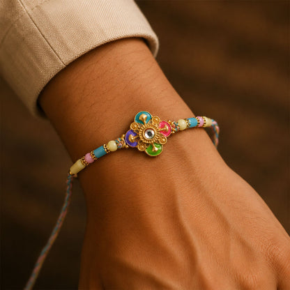 Colourful Meenakari Floral Rakhi with Pastel Beads for Brother