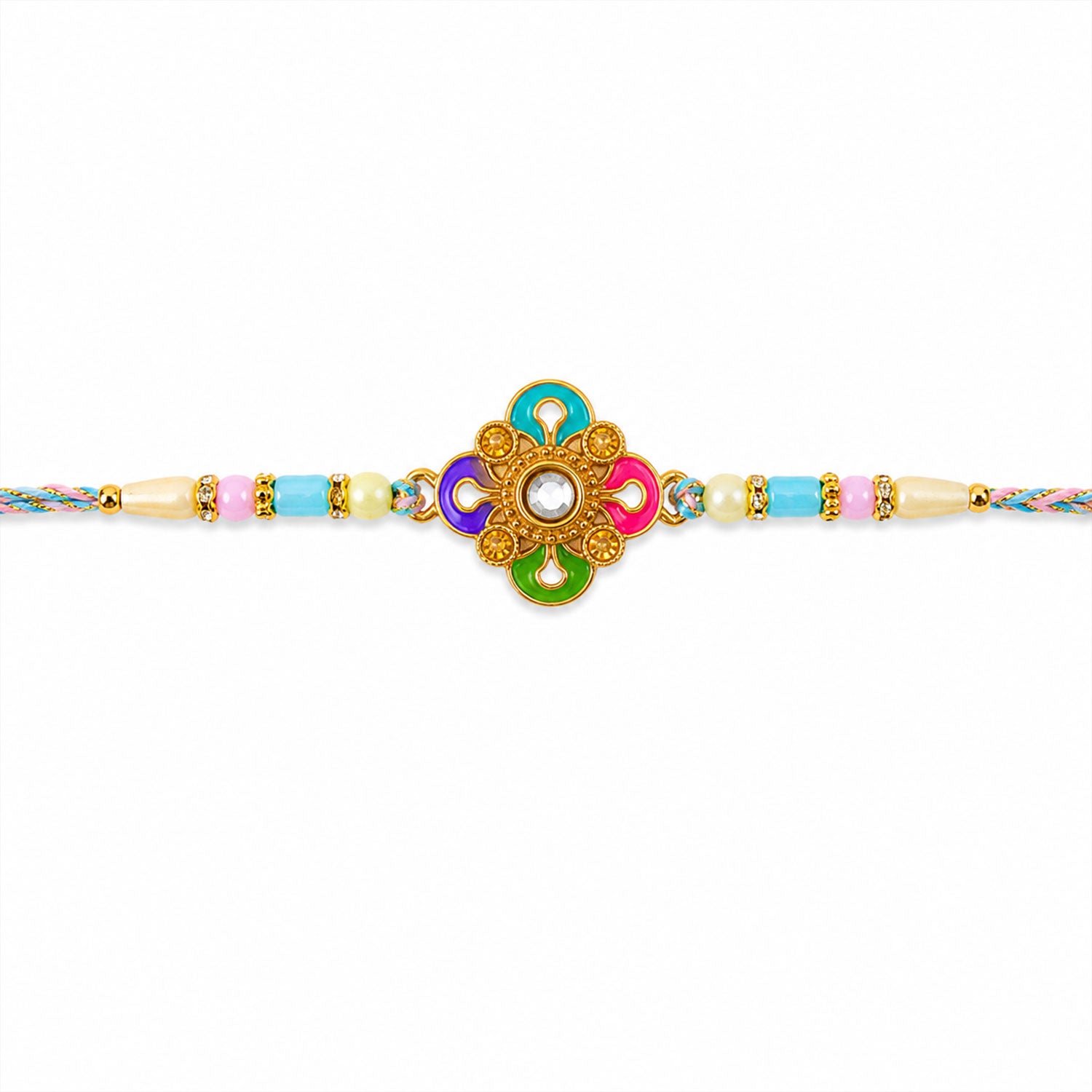 Colourful Meenakari Floral Rakhi with Pastel Beads for Brother