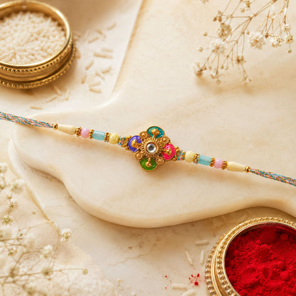 Colourful Meenakari Floral Rakhi with Pastel Beads for Brother