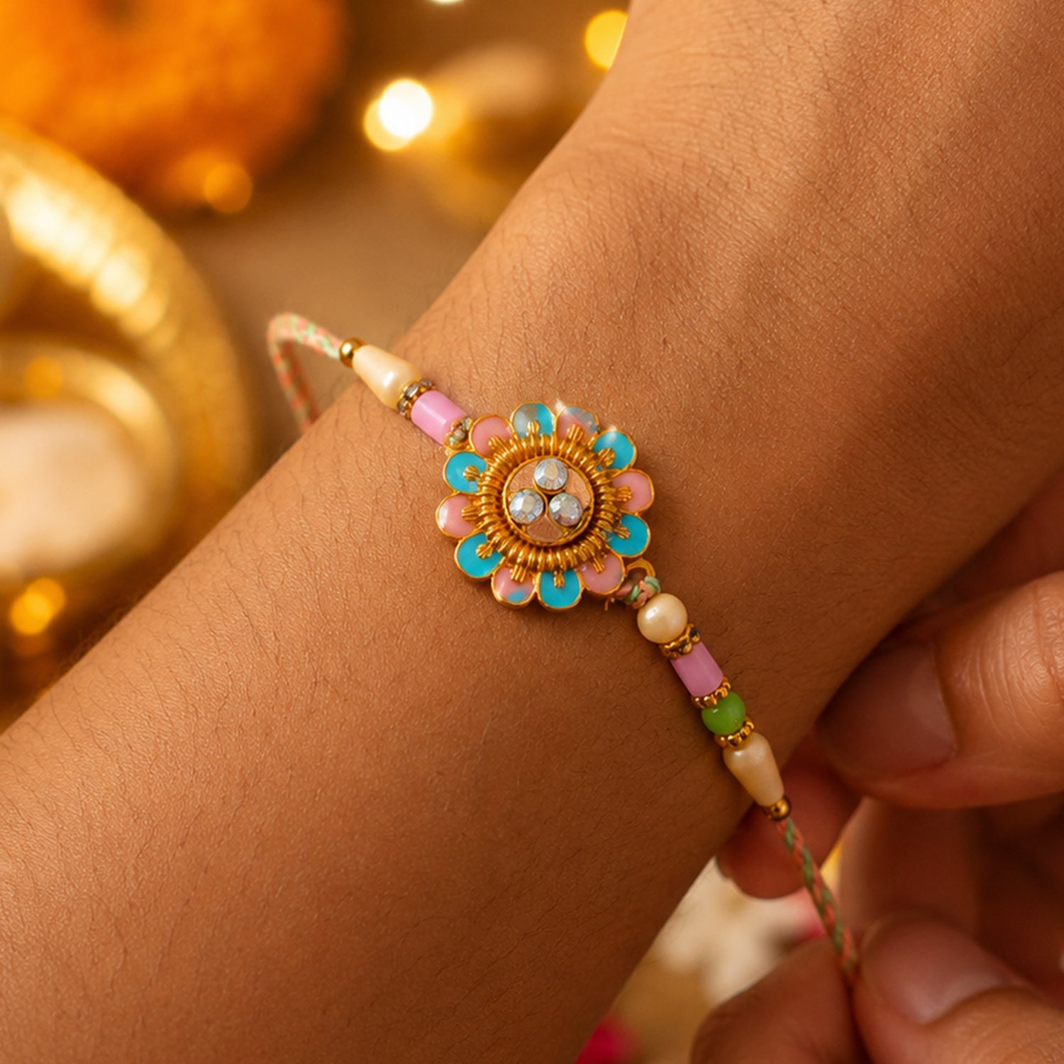 Blue & Pink Meenakari Floral Rakhi with AD Stones for Brother