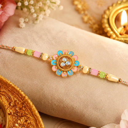 Blue & Pink Meenakari Floral Rakhi with AD Stones for Brother