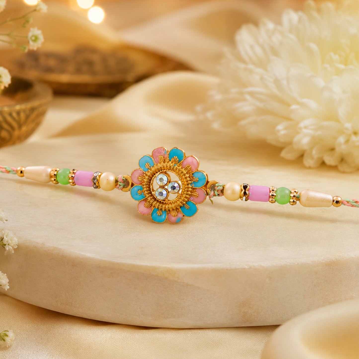 Blue & Pink Meenakari Floral Rakhi with AD Stones for Brother