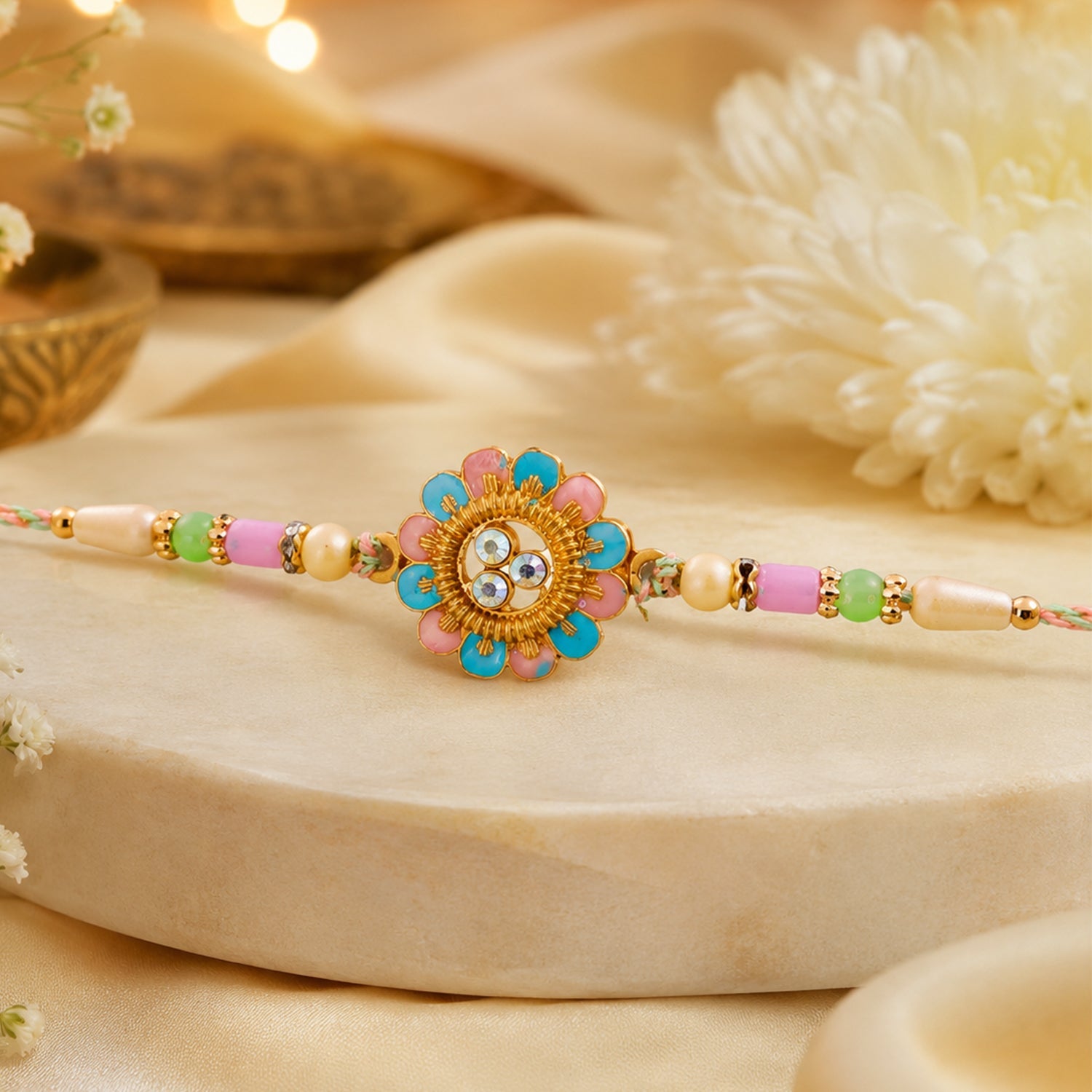 Blue & Pink Meenakari Floral Rakhi with AD Stones for Brother