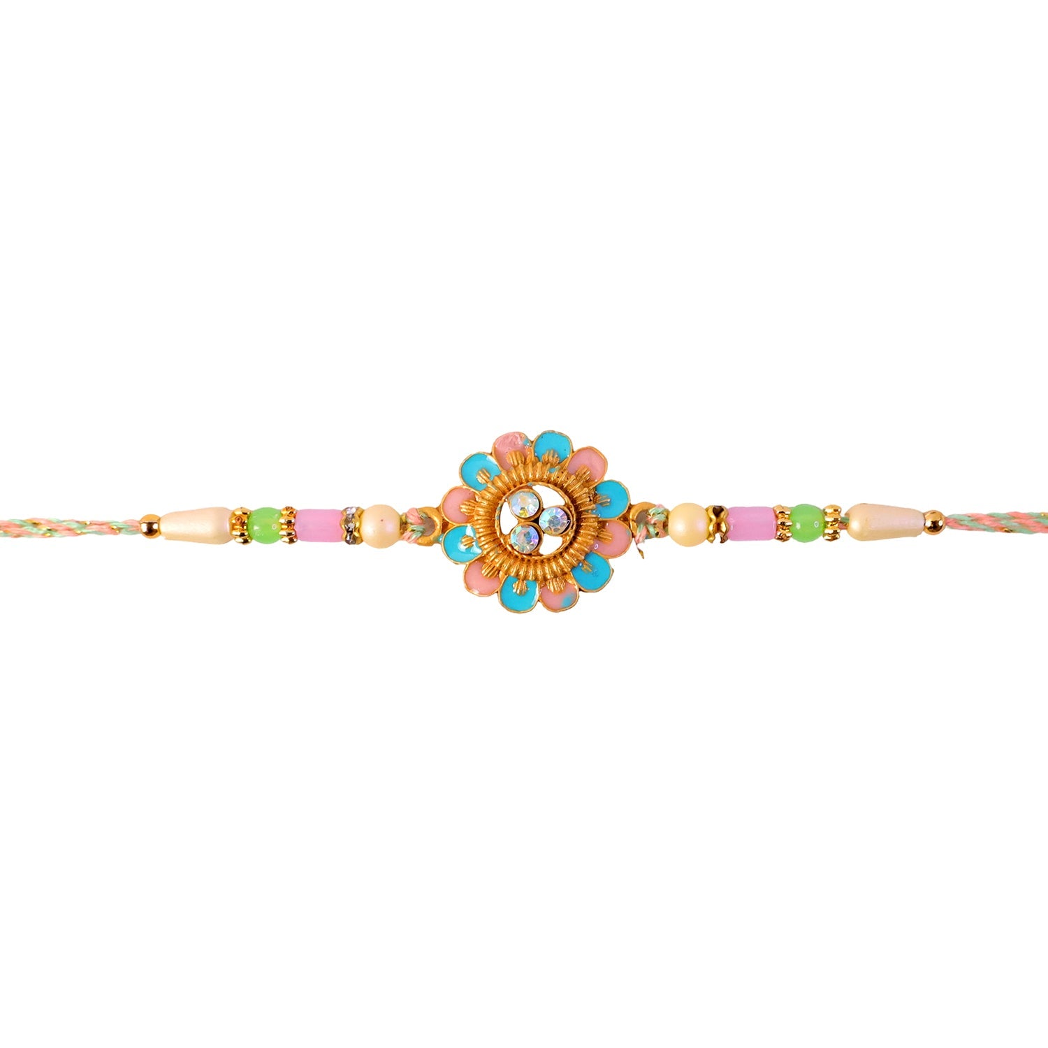 Blue & Pink Meenakari Floral Rakhi with AD Stones for Brother