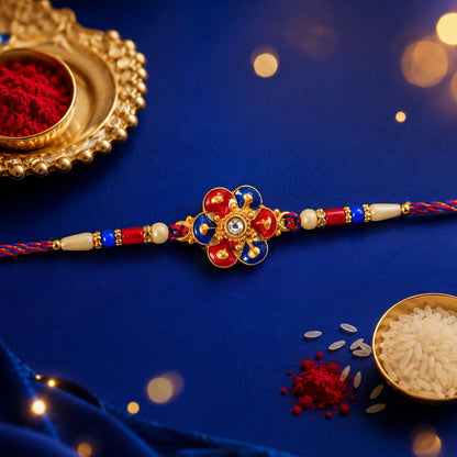 Designer Meenakari Flower Rakhi with Pearl Beads for Brother