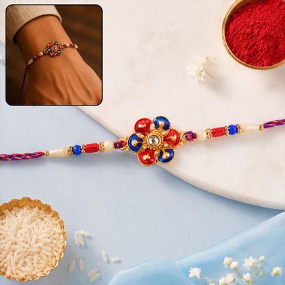 Designer Meenakari Flower Rakhi with Pearl Beads for Brother