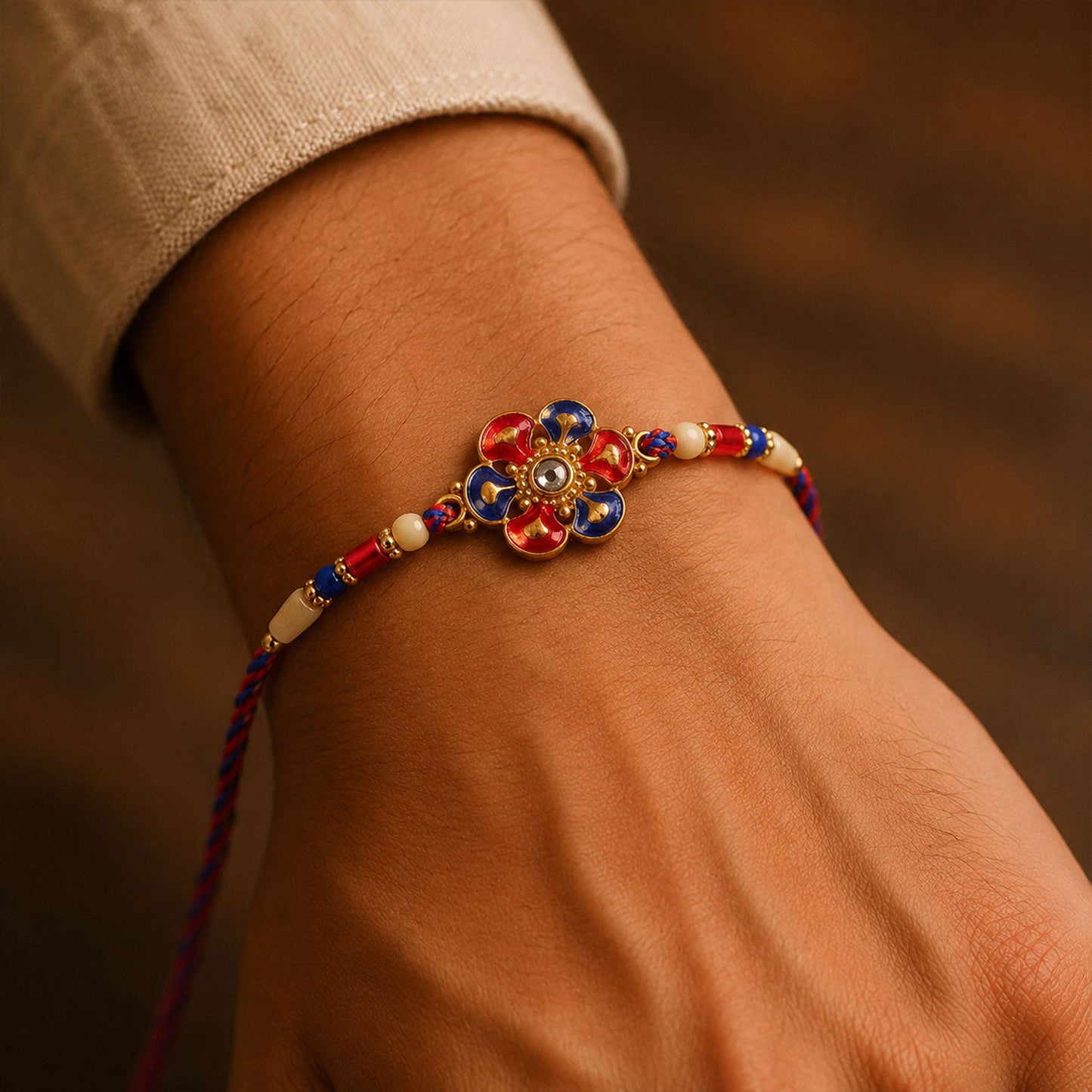 Designer Meenakari Flower Rakhi with Pearl Beads for Brother