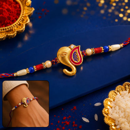 Golden Lord Ganesha Meenakari Rakhi with Beads for Brother