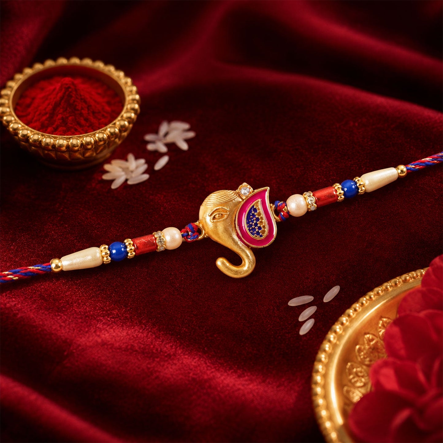 Golden Lord Ganesha Meenakari Rakhi with Beads for Brother