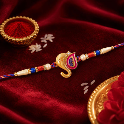 Golden Lord Ganesha Meenakari Rakhi with Beads for Brother