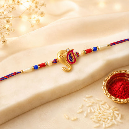 Golden Lord Ganesha Meenakari Rakhi with Beads for Brother