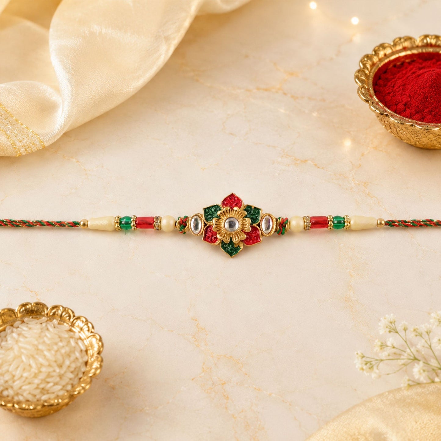 Red & Green Meenakari Kundan Floral Rakhi for Brother