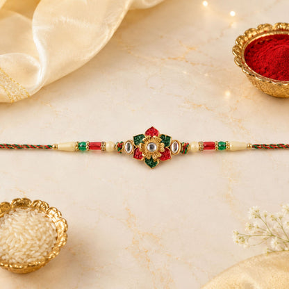 Red & Green Meenakari Kundan Floral Rakhi for Brother