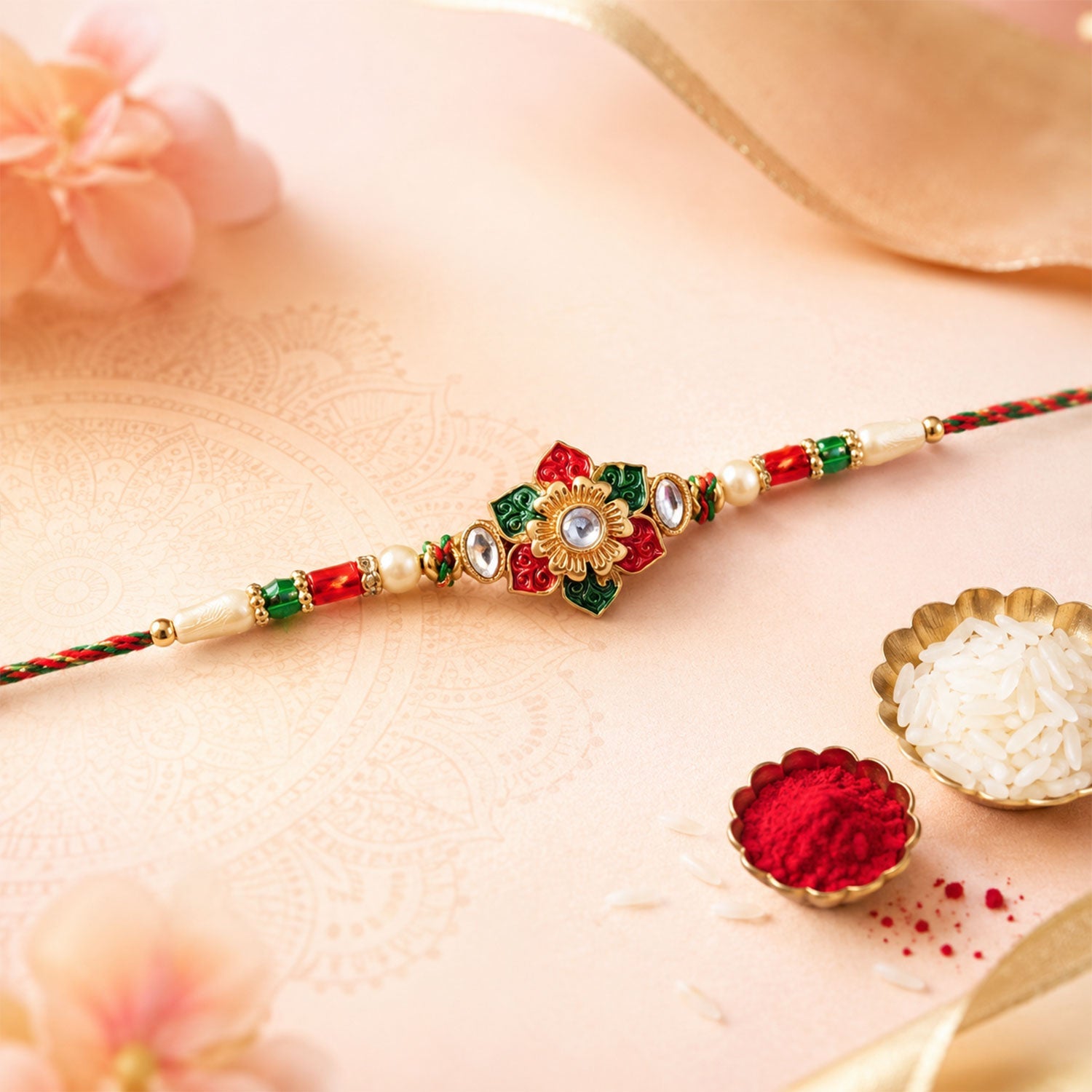 Red & Green Meenakari Kundan Floral Rakhi for Brother