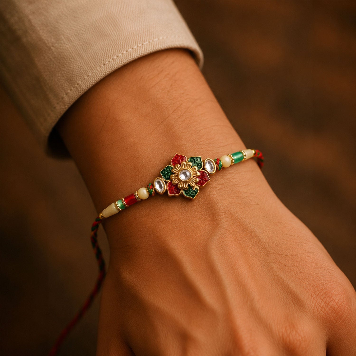 Red & Green Meenakari Kundan Floral Rakhi for Brother