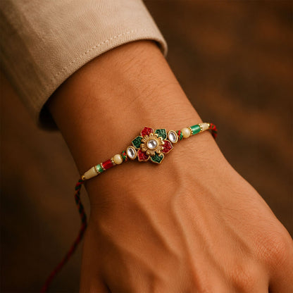Red & Green Meenakari Kundan Floral Rakhi for Brother