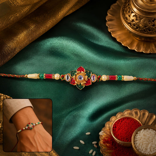 Red & Green Meenakari Kundan Floral Rakhi for Brother