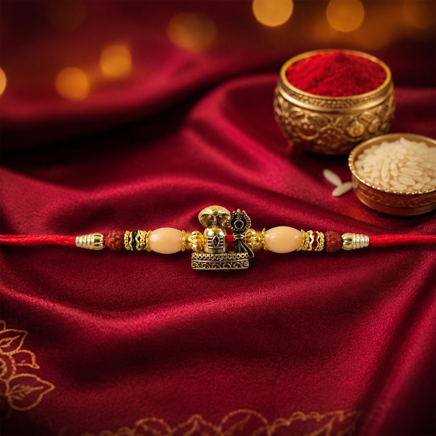 Antique Golden Shivling Rakhi with Beads for Brother