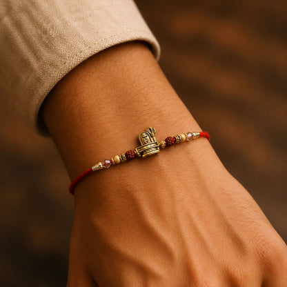 Antique Gold Shivling Trishul Rakhi with Rudraksha for Brother