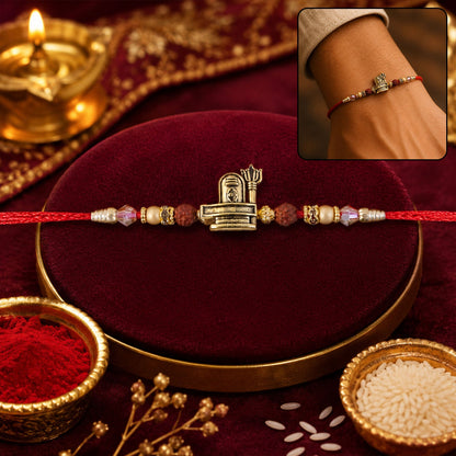 Antique Gold Shivling Trishul Rakhi with Rudraksha for Brother