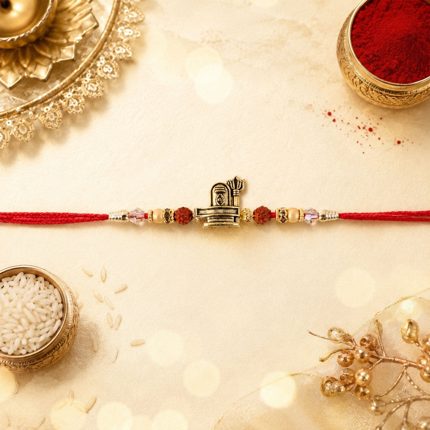 Antique Gold Shivling Trishul Rakhi with Rudraksha for Brother
