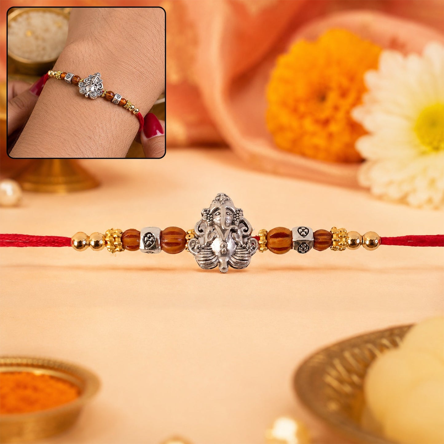 Silver Lord Ganesha Rakhi with Rudraksha & Wooden Beads for Bro