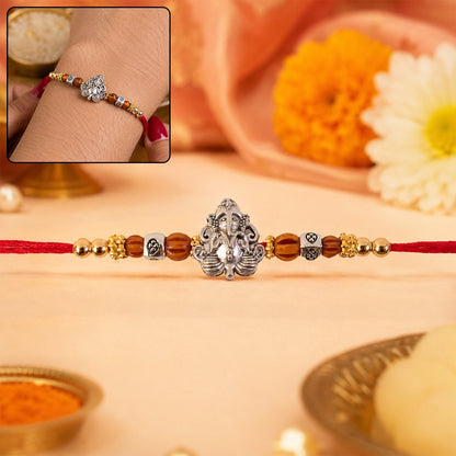Silver Lord Ganesha Rakhi with Rudraksha & Wooden Beads for Bro