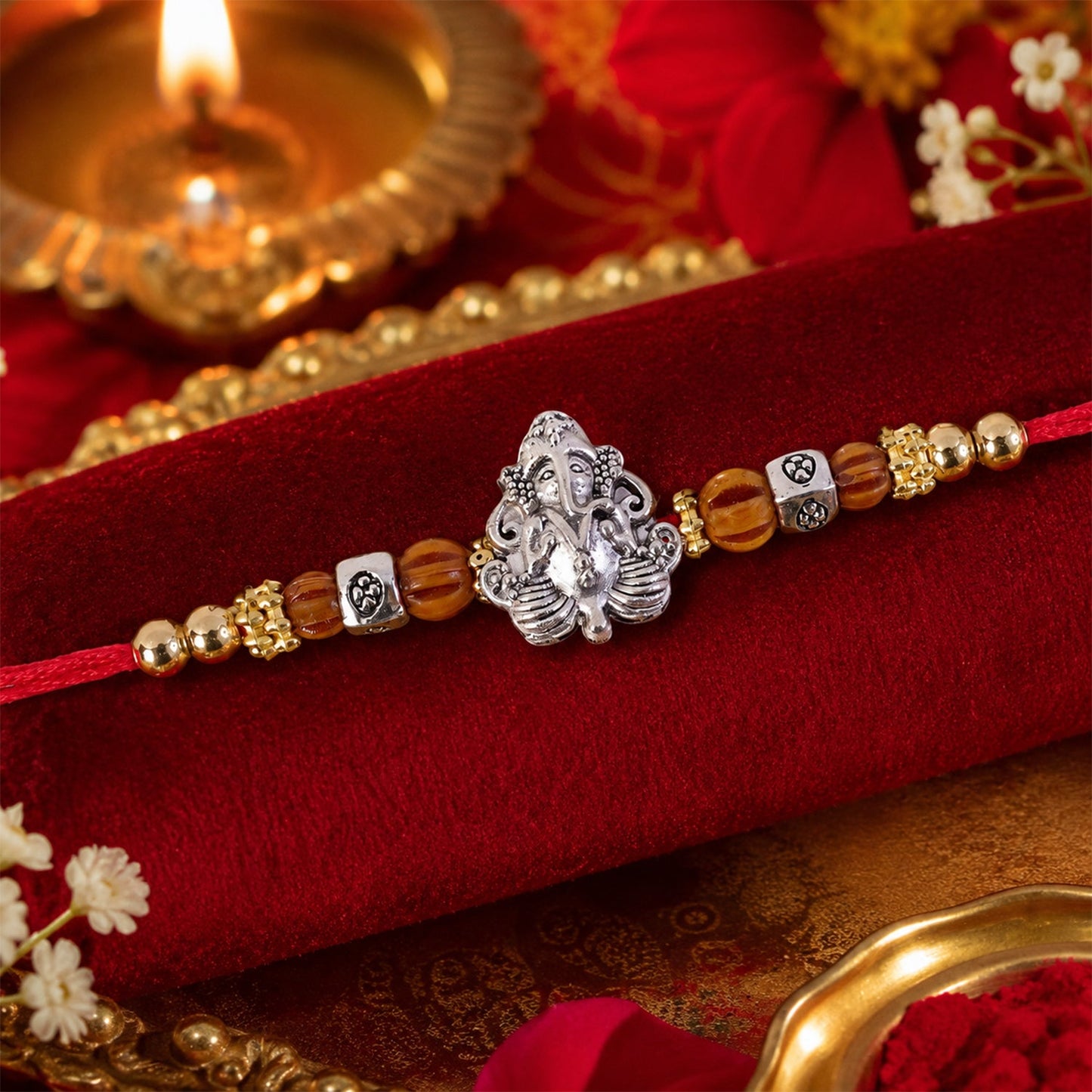 Silver Lord Ganesha Rakhi with Rudraksha & Wooden Beads for Bro