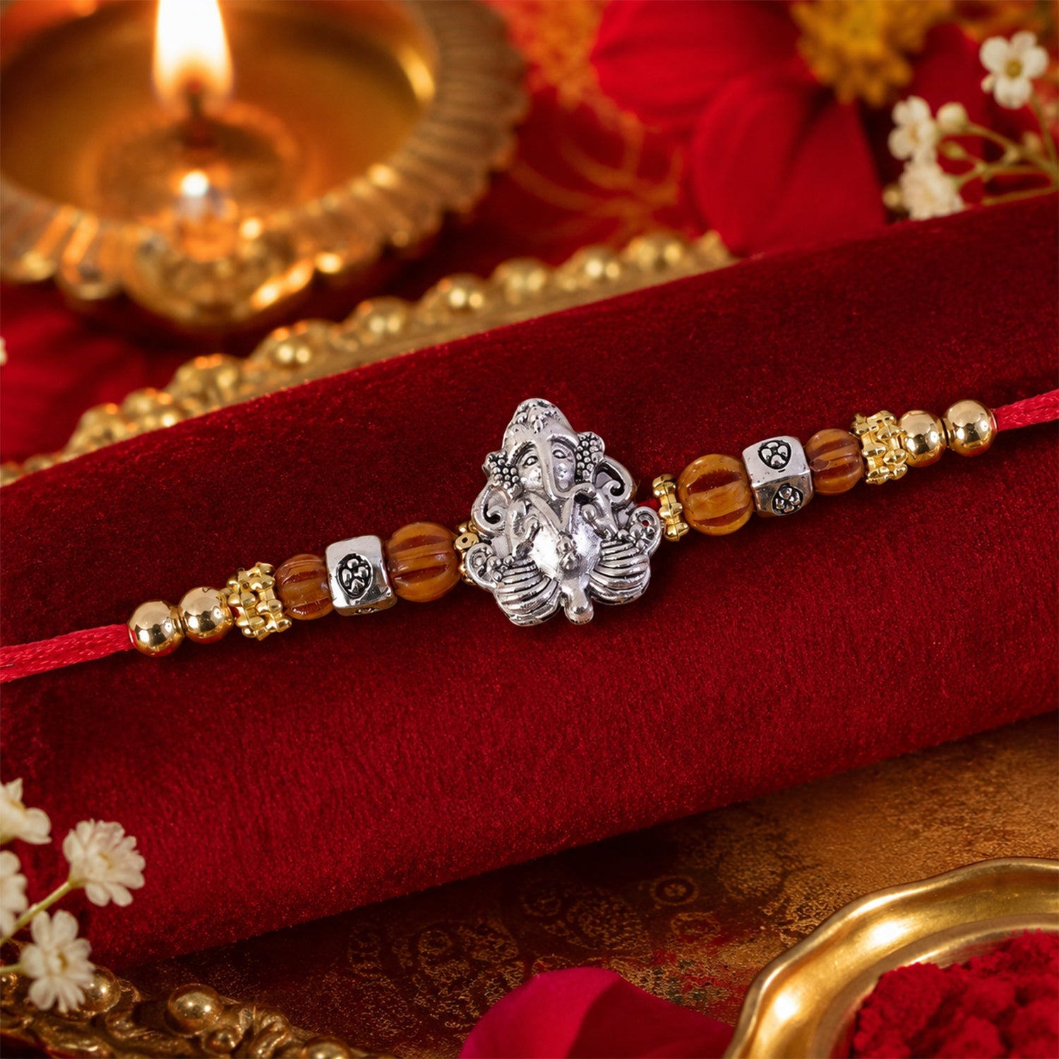 Silver Lord Ganesha Rakhi with Rudraksha & Wooden Beads for Bro