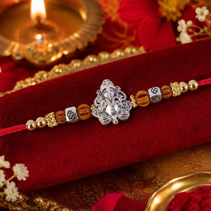 Silver Lord Ganesha Rakhi with Rudraksha & Wooden Beads for Bro
