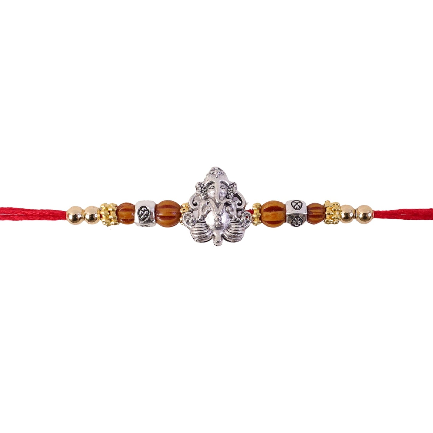 Silver Lord Ganesha Rakhi with Rudraksha & Wooden Beads for Bro
