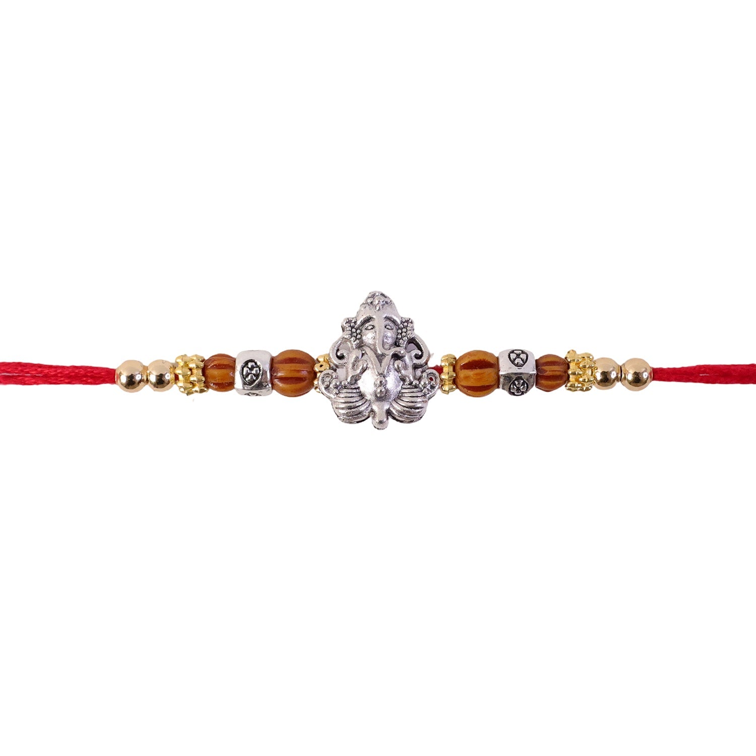Silver Lord Ganesha Rakhi with Rudraksha & Wooden Beads for Bro