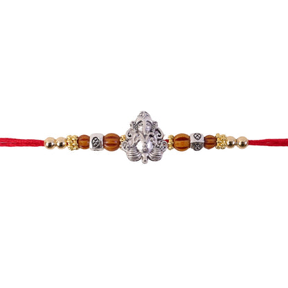 Silver Lord Ganesha Rakhi with Rudraksha & Wooden Beads for Bro