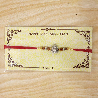 Silver Lord Ganesha Rakhi with Rudraksha & Wooden Beads for Bro