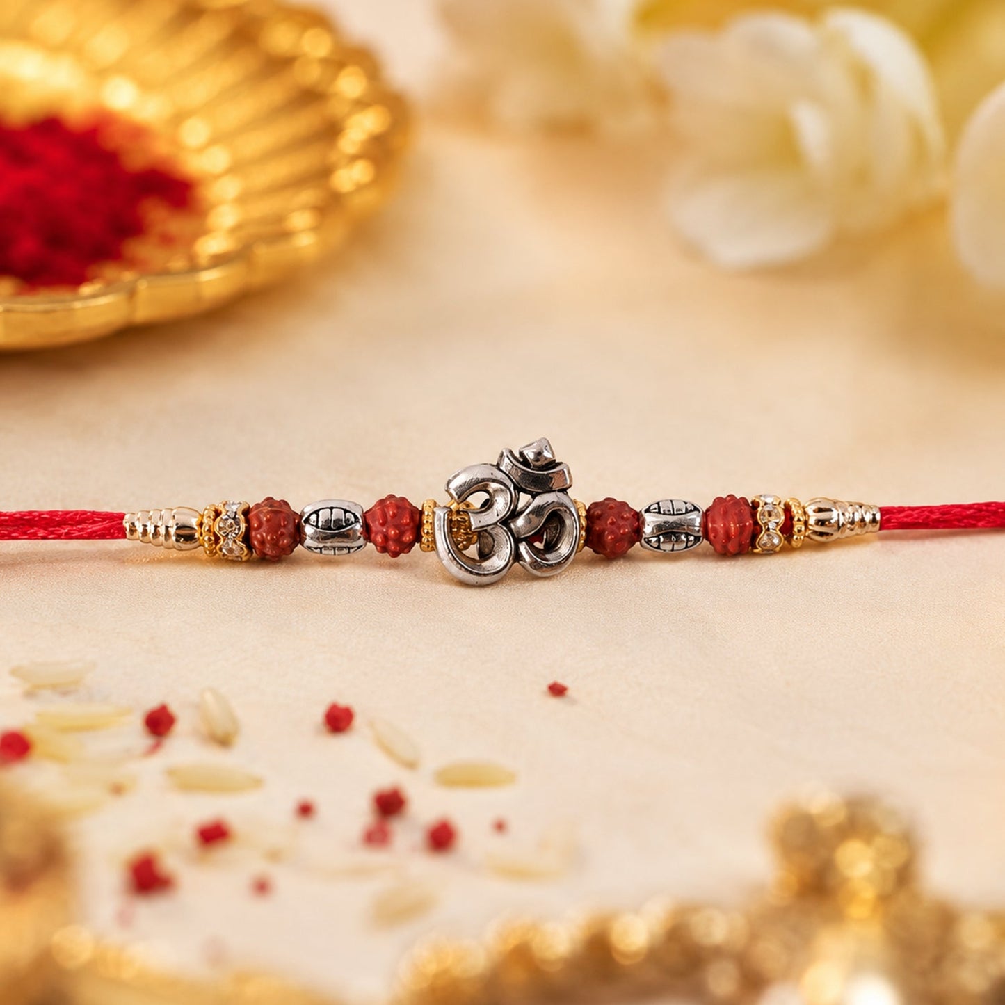 Sacred Silver Om Rakhi with Rudraksha Beads for Brother