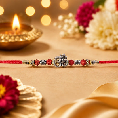 Sacred Silver Om Rakhi with Rudraksha Beads for Brother