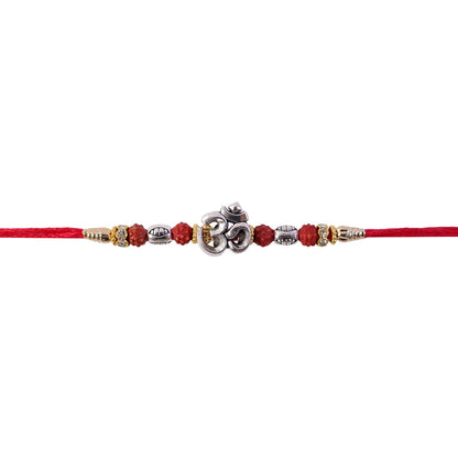 Sacred Silver Om Rakhi with Rudraksha Beads for Brother