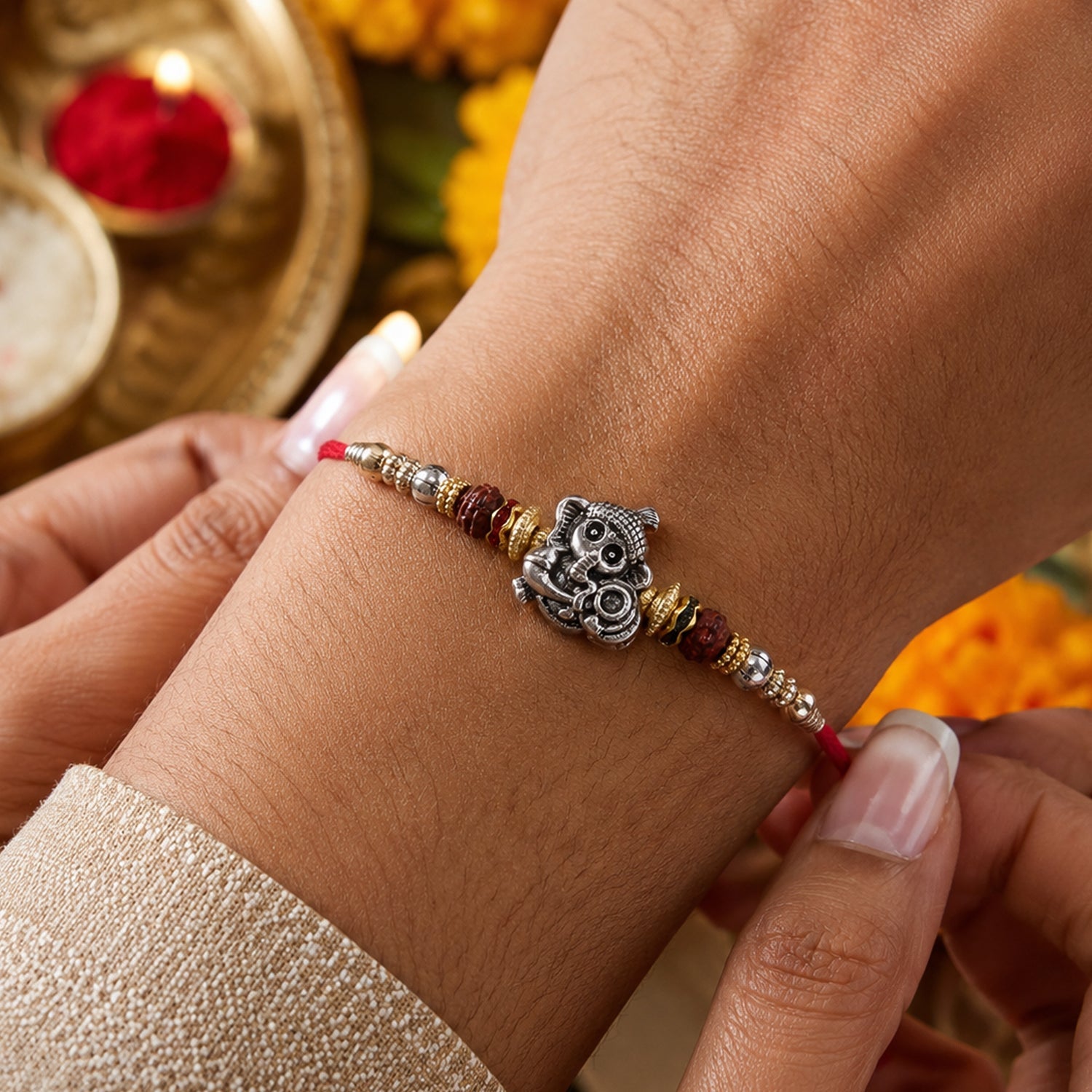 Antique Silver Baby Ganesha Rakhi with Rudraksha for Brother