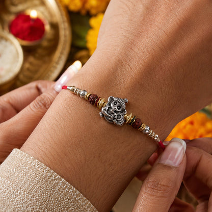 Antique Silver Baby Ganesha Rakhi with Rudraksha for Brother