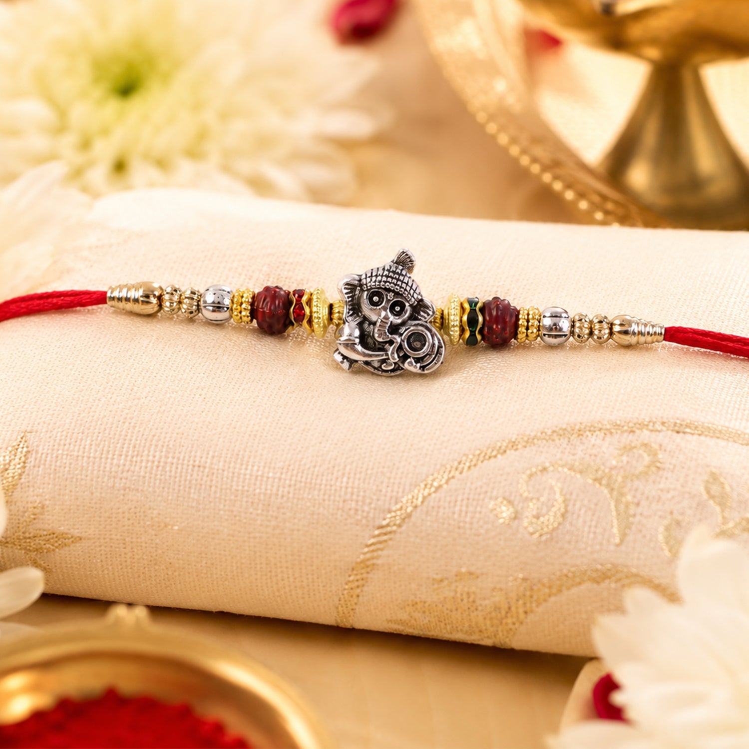 Antique Silver Baby Ganesha Rakhi with Rudraksha for Brother