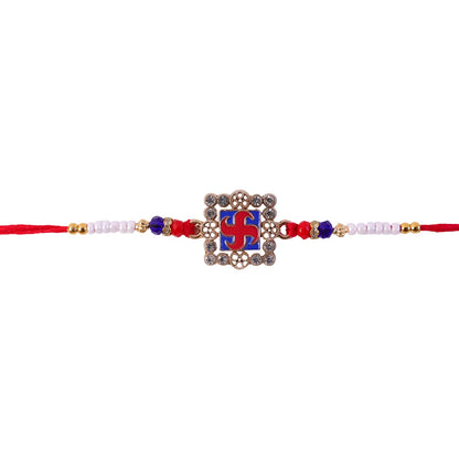 Golden Swastik Meenakari Rakhi with Crystal Beads for Brother