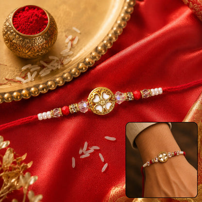 Golden Floral Cutwork Rakhi with Red Crystal Beads for Brother