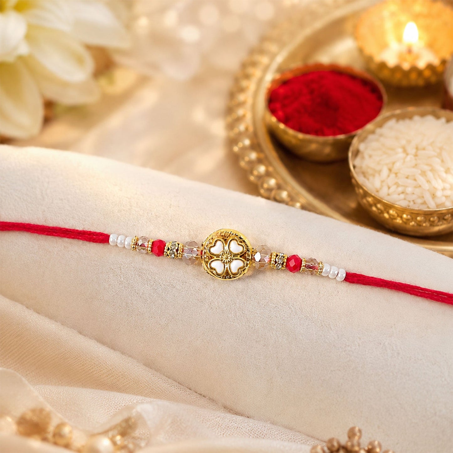 Golden Floral Cutwork Rakhi with Red Crystal Beads for Brother