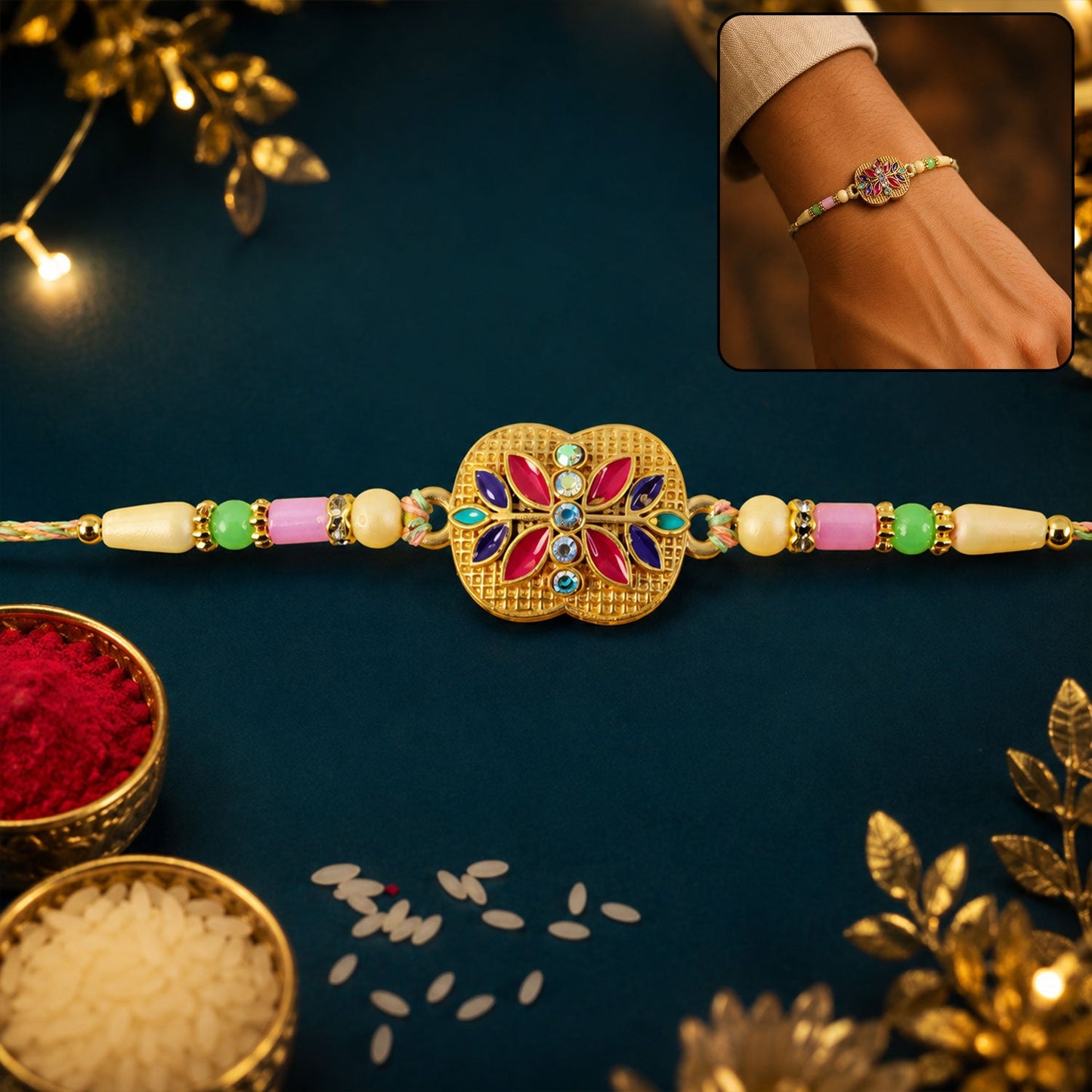 Golden Meenakari Floral Rakhi with AD Stones & Pearls for Brother