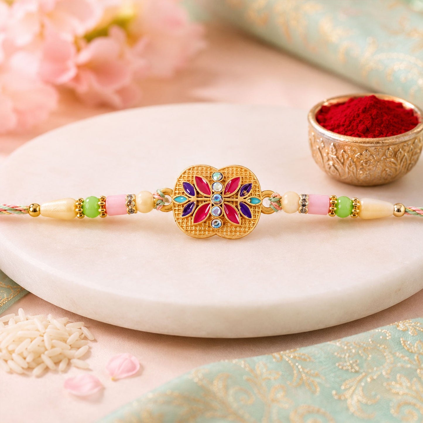Golden Meenakari Floral Rakhi with AD Stones & Pearls for Brother