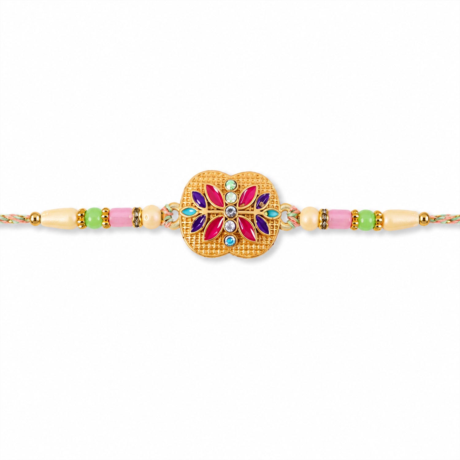 Golden Meenakari Floral Rakhi with AD Stones & Pearls for Brother