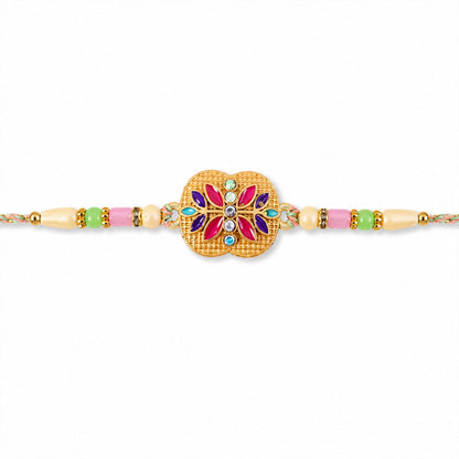 Golden Meenakari Floral Rakhi with AD Stones & Pearls for Brother