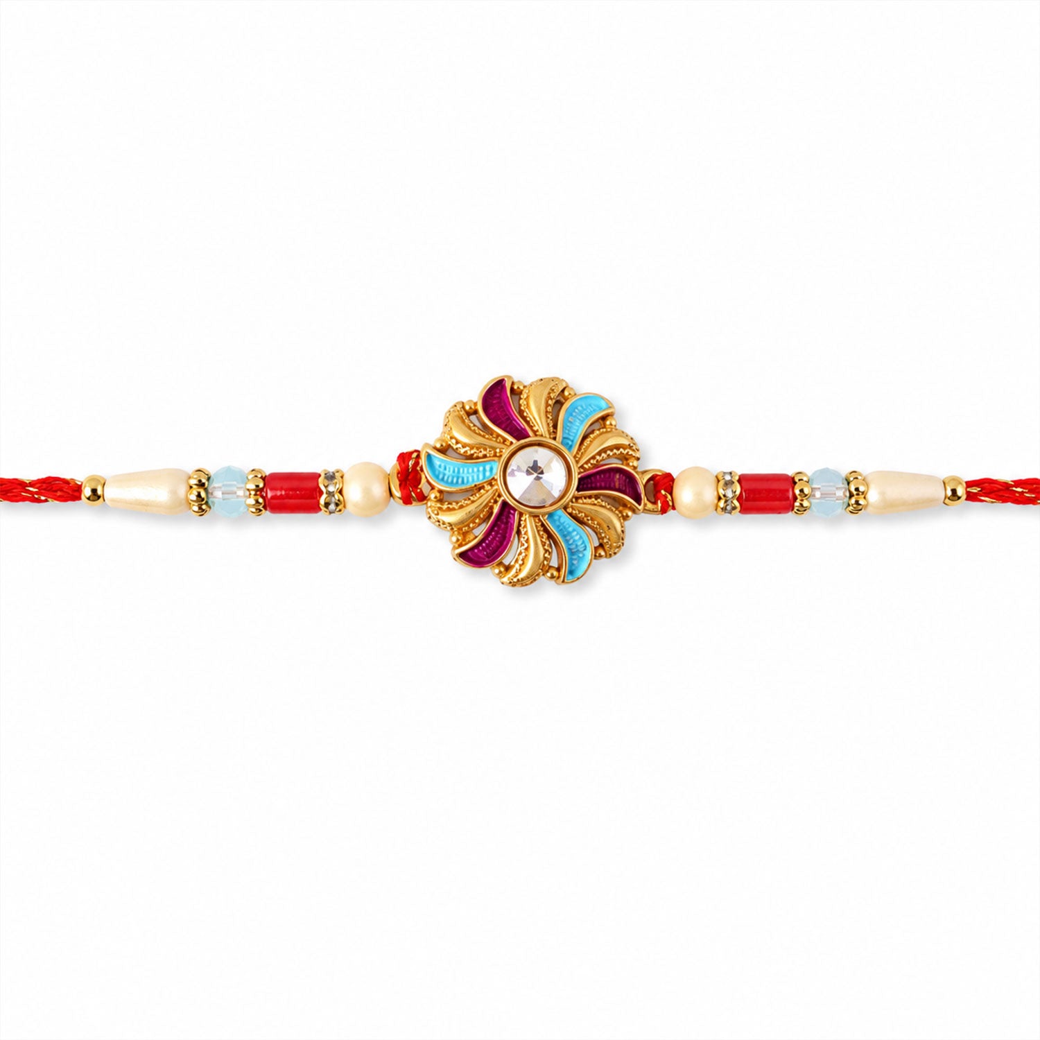 Golden Meenakari Pinwheel Rakhi with Enamel & Diamond Stone